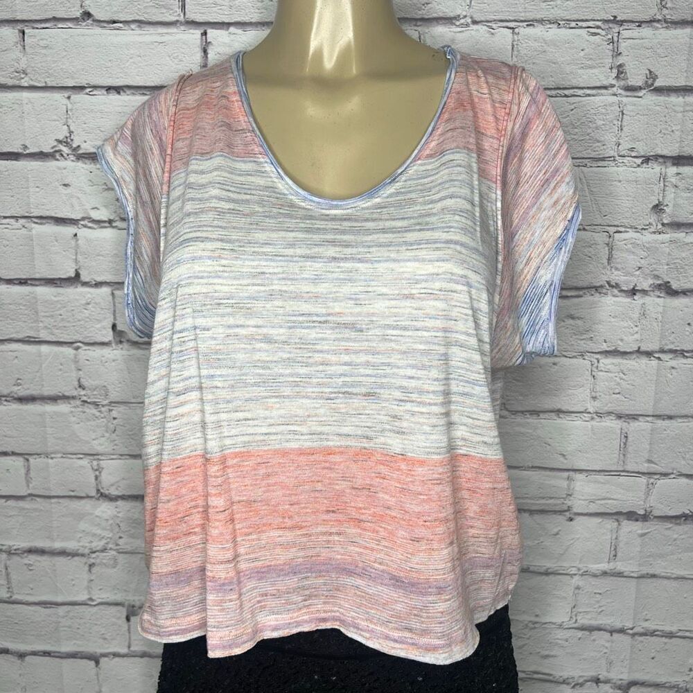 Pilcro Womens Coral Blue Striped Scoop Neck Short Sleeve Boxy T-Shirt Size XS